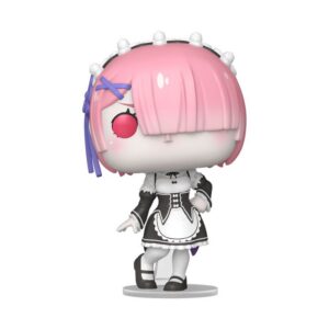 Funko POP! Animation Vinylfigur von Ram aus Re:Zero im klassischen Schwarz-Weiß-Maid-Outfit.