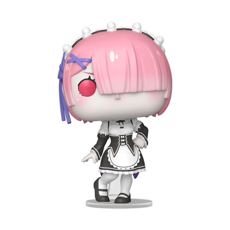 Funko POP! Animation Vinylfigur von Ram aus Re:Zero im klassischen Schwarz-Weiß-Maid-Outfit.