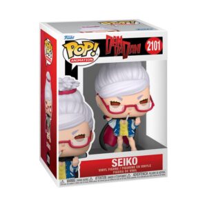 Funko POP!-Figur von Seiko Ayase aus Dandadan mit hochgestecktem weißem Haar, roter Brille und Baseballschläger über den Schultern.