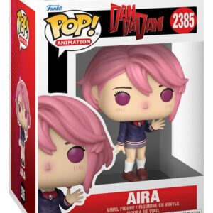 Funko POP!-Figur von Aira Shiratori aus Dandadan mit rosa Haaren in dunkelblauer Schuluniform winkend.