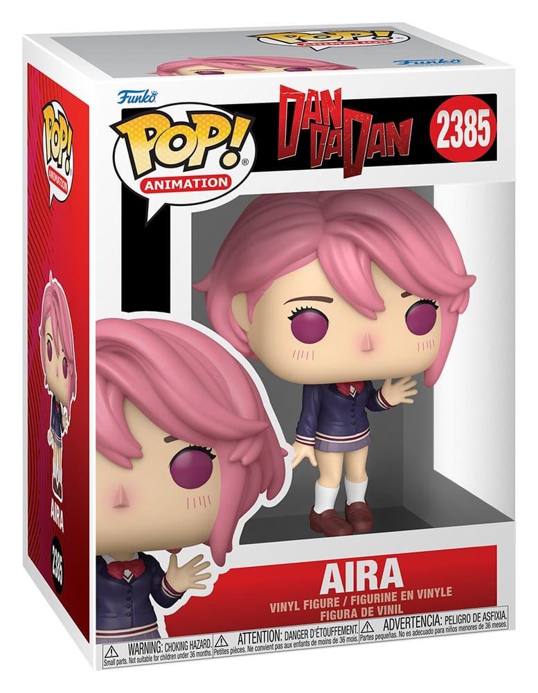 Funko POP!-Figur von Aira Shiratori aus Dandadan mit rosa Haaren in dunkelblauer Schuluniform winkend.