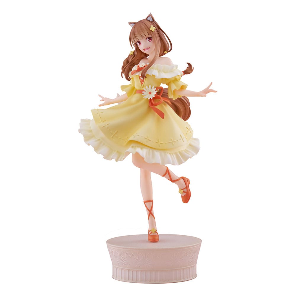 FuRyu Tenitol Figur von Holo aus Spice and Wolf im gelben Sommerkleid mit Blumen und Wolfsohren.