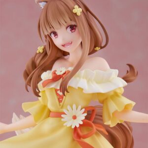 FuRyu Tenitol Figur von Holo aus Spice and Wolf im gelben Sommerkleid mit Blumen und Wolfsohren.
