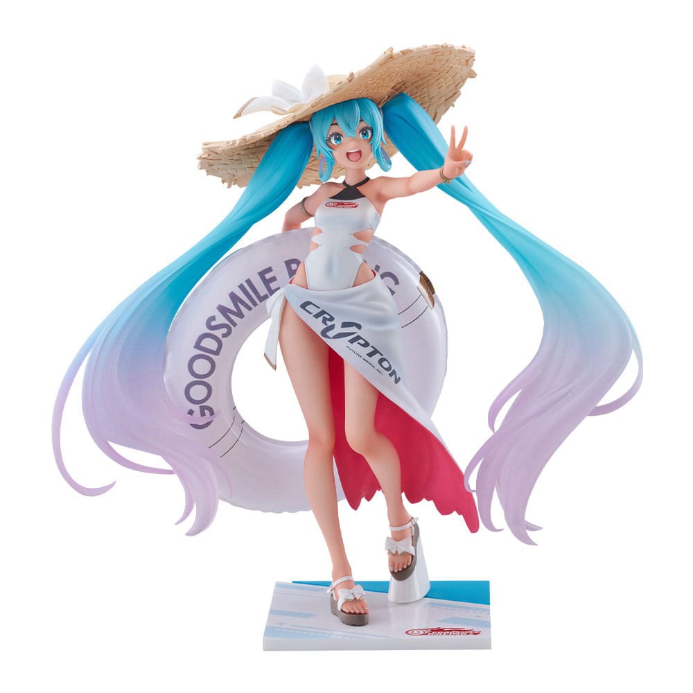 FuRyu Tenitol Figur von Racing Miku Tropical Ver. im weißen Badeanzug mit Strohhut und Schwimmreifen.