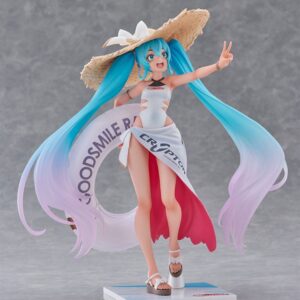 FuRyu Tenitol Figur von Racing Miku Tropical Ver. im weißen Badeanzug mit Strohhut und Schwimmreifen.