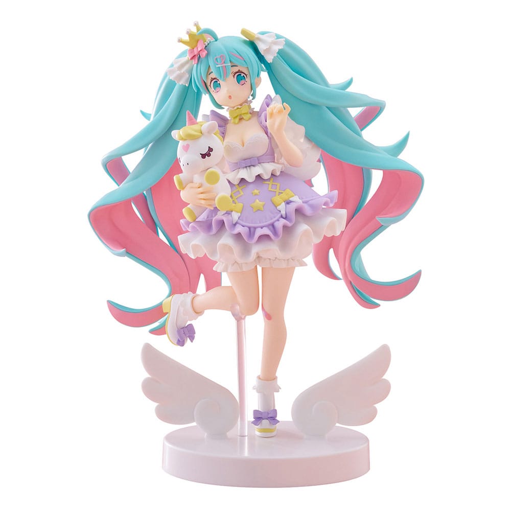 FuRyu Tenitol Figur von Hatsune Miku Yumekawa Princess Lavender Ver. im lila Rüschenkleid mit Einhorn und Flügel-Base.