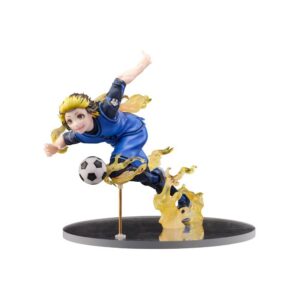 FuRyu Tenitol Figur von Meguru Bachira aus BLUELOCK beim Dribbeln mit gelben Effekten und Fußball.