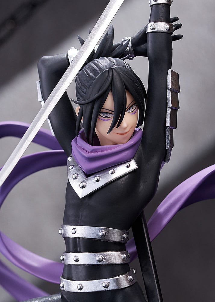 Good Smile Company Pop Up Parade Figur von Speed-o'-Sound Sonic aus One Punch Man mit erhobenem Katana und lila Schal.