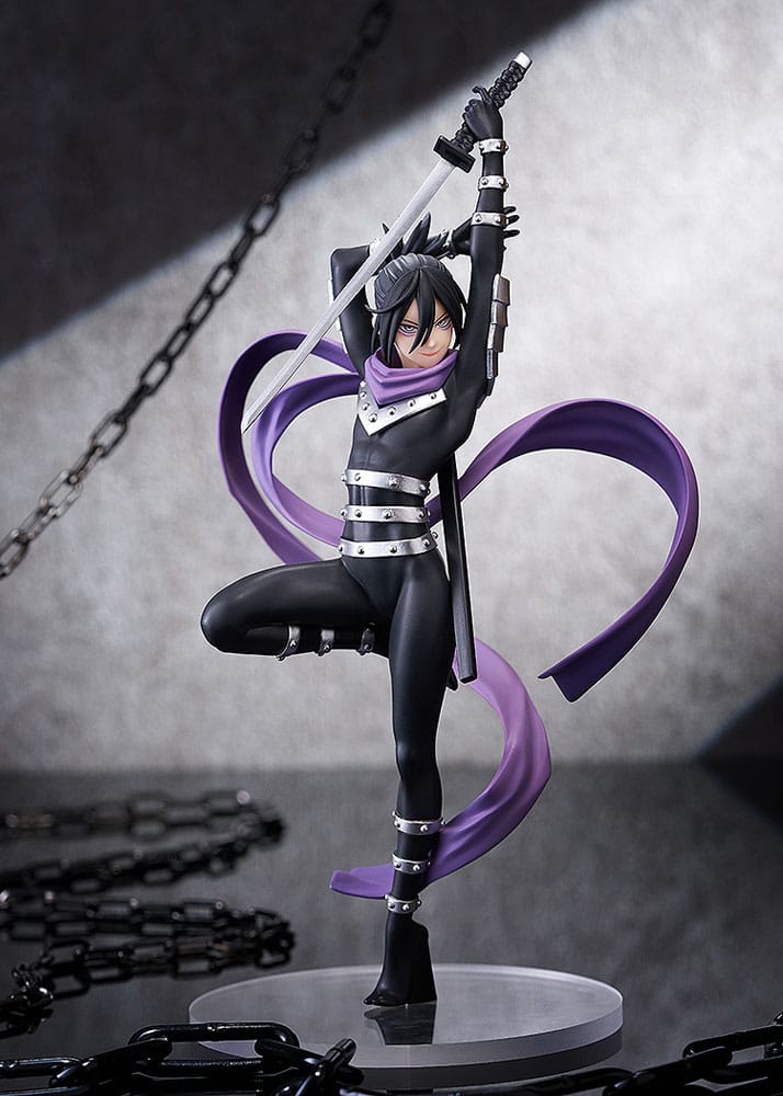 Good Smile Company Pop Up Parade Figur von Speed-o'-Sound Sonic aus One Punch Man mit erhobenem Katana und lila Schal.