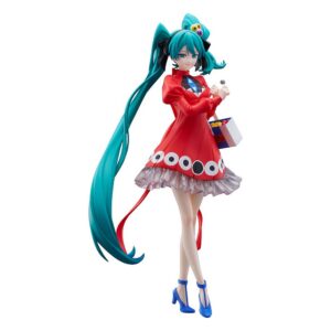 Good Smile Company Pop Up Parade L Figur von Hatsune Miku Psi Ver. im roten Kleid mit Augen-Muster und Süßigkeitenschachtel.