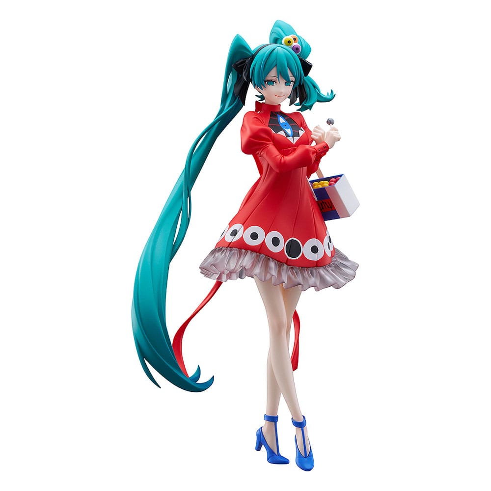Good Smile Company Pop Up Parade L Figur von Hatsune Miku Psi Ver. im roten Kleid mit Augen-Muster und Süßigkeitenschachtel.