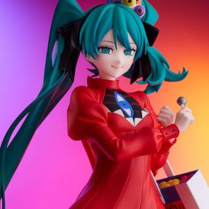 Good Smile Company Pop Up Parade L Figur von Hatsune Miku Psi Ver. im roten Kleid mit Augen-Muster und Süßigkeitenschachtel.