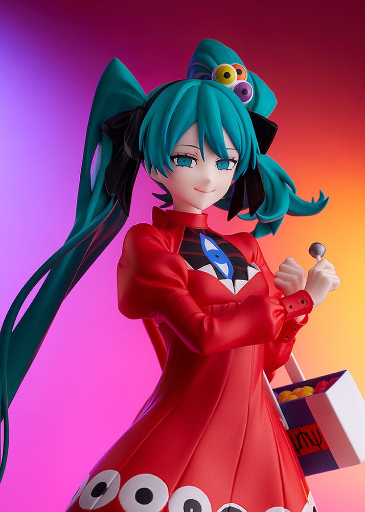 Good Smile Company Pop Up Parade L Figur von Hatsune Miku Psi Ver. im roten Kleid mit Augen-Muster und Süßigkeitenschachtel.