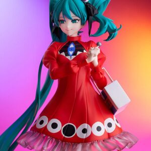 Good Smile Company Pop Up Parade L Figur von Hatsune Miku Psi Ver. im roten Kleid mit Augen-Muster und Süßigkeitenschachtel.