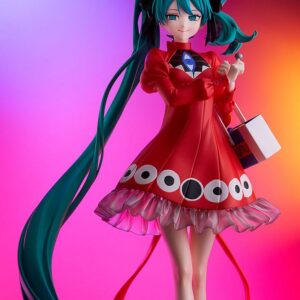 Good Smile Company Pop Up Parade L Figur von Hatsune Miku Psi Ver. im roten Kleid mit Augen-Muster und Süßigkeitenschachtel.