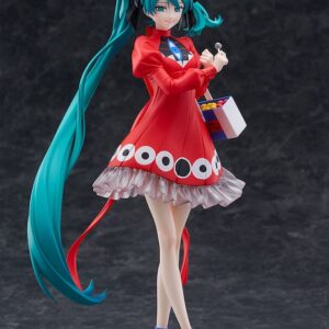 Good Smile Company Pop Up Parade L Figur von Hatsune Miku Psi Ver. im roten Kleid mit Augen-Muster und Süßigkeitenschachtel.