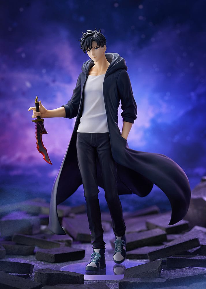 Good Smile Company Pop Up Parade L Figur von Sung Jinwoo aus Solo Leveling im dunklen Mantel mit Dolch.