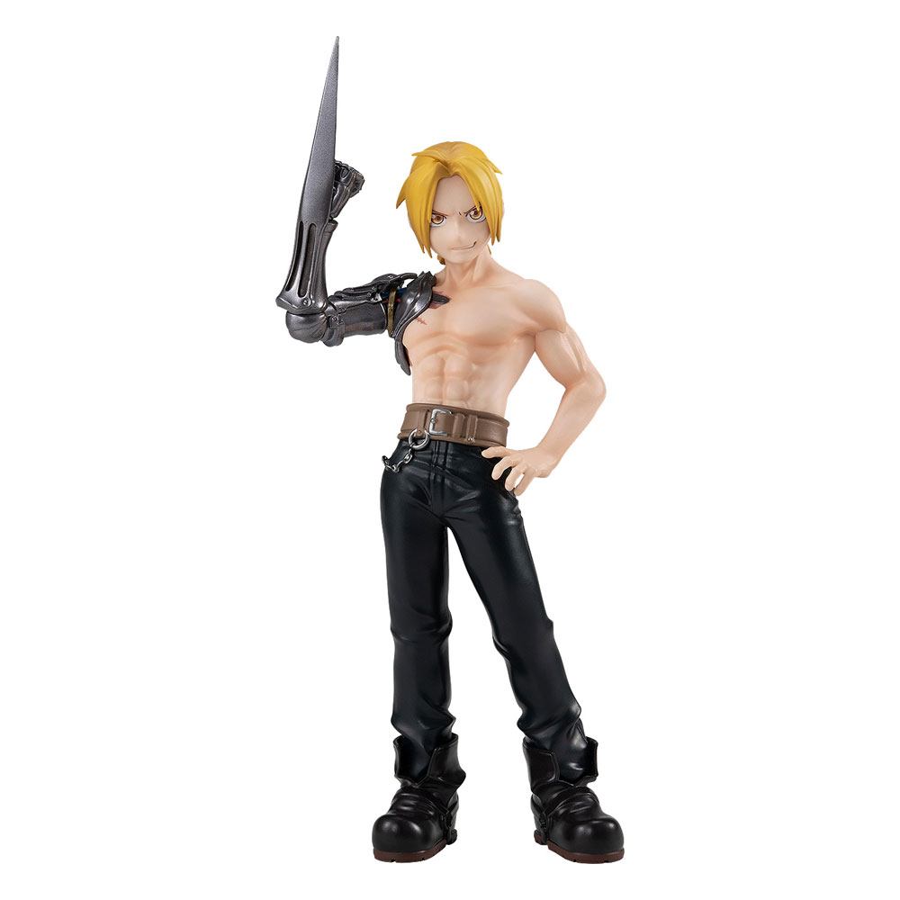Good Smile Company Pop Up Parade Figur von Edward Elric aus Fullmetal Alchemist mit freiem Oberkörper und Automail-Klingenarm.