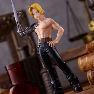 Good Smile Company Pop Up Parade Figur von Edward Elric aus Fullmetal Alchemist mit freiem Oberkörper und Automail-Klingenarm.