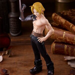 Good Smile Company Pop Up Parade Figur von Edward Elric aus Fullmetal Alchemist mit freiem Oberkörper und Automail-Klingenarm.