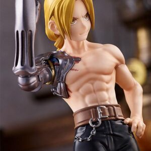 Good Smile Company Pop Up Parade Figur von Edward Elric aus Fullmetal Alchemist mit freiem Oberkörper und Automail-Klingenarm.