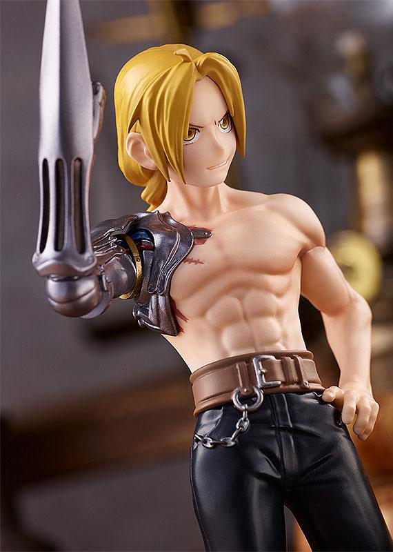 Good Smile Company Pop Up Parade Figur von Edward Elric aus Fullmetal Alchemist mit freiem Oberkörper und Automail-Klingenarm.