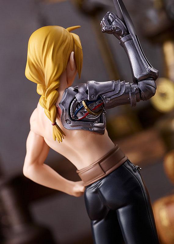 Good Smile Company Pop Up Parade Figur von Edward Elric aus Fullmetal Alchemist mit freiem Oberkörper und Automail-Klingenarm.