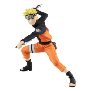 Sammelfigur von Uzumaki Naruto aus Naruto Shippuden im orange-schwarzen Anzug in tiefer Kampfpose mit Kunai.