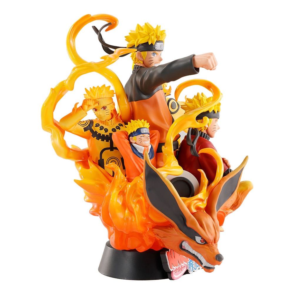 Diorama-Statue von Uzumaki Naruto in verschiedenen Entwicklungsstufen vor gelb-orangen Flammeneffekten und Kurama-Kopf mit Anime-Logo.
