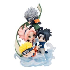 FigUnity Chibi-Diorama von Team 7 mit Naruto, Sasuke, Sakura und Kakashi auf einer transparenten Effekt-Basis.