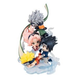 FigUnity Chibi-Diorama von Team 7 mit Naruto, Sasuke, Sakura und Kakashi auf einer transparenten Effekt-Basis.