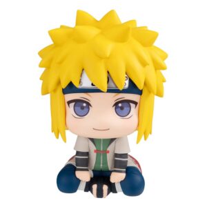 Sitzende Look Up Chibi-Figur von Minato Namikaze aus Naruto Shippuden mit gelben Haaren und nach oben gerichtetem Blick.