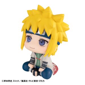 Sitzende Look Up Chibi-Figur von Minato Namikaze aus Naruto Shippuden mit gelben Haaren und nach oben gerichtetem Blick.