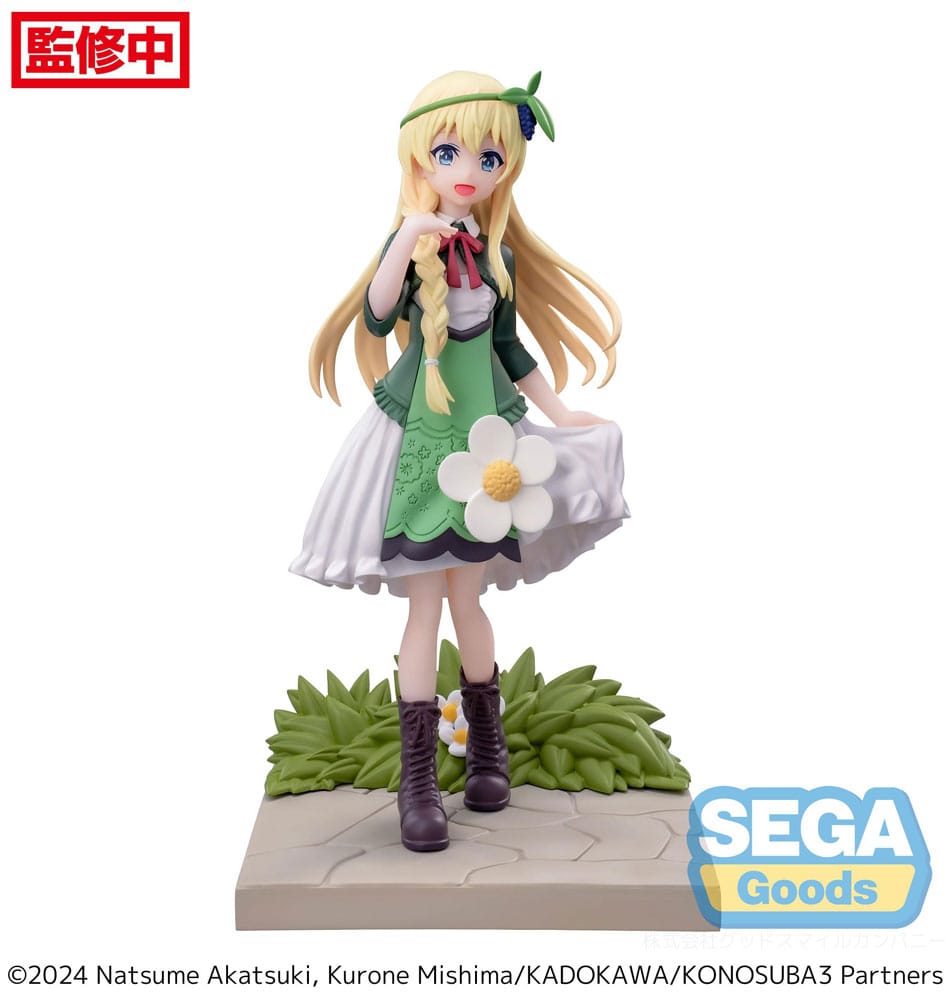 SEGA Luminasta Figur von Prinzessin Iris aus KonoSuba im grünen Mieder und weißem Rock auf Gras-Base.