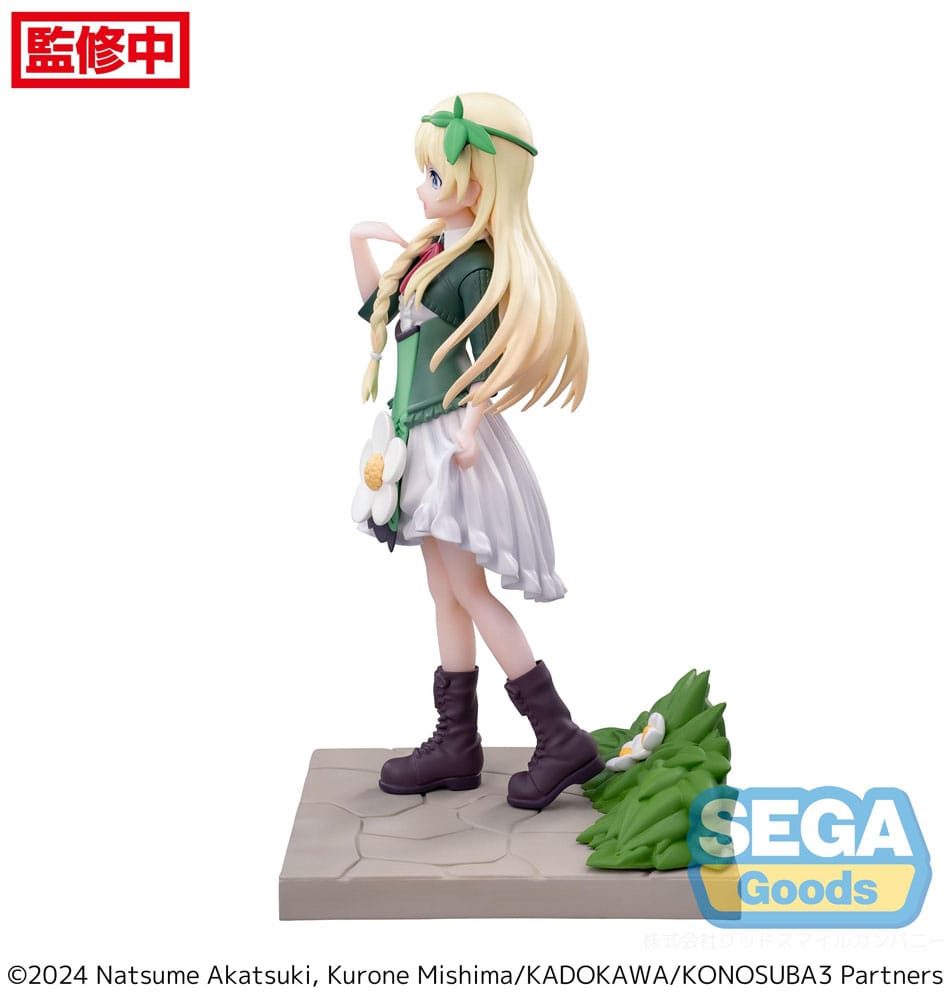 SEGA Luminasta Figur von Prinzessin Iris aus KonoSuba im grünen Mieder und weißem Rock auf Gras-Base.
