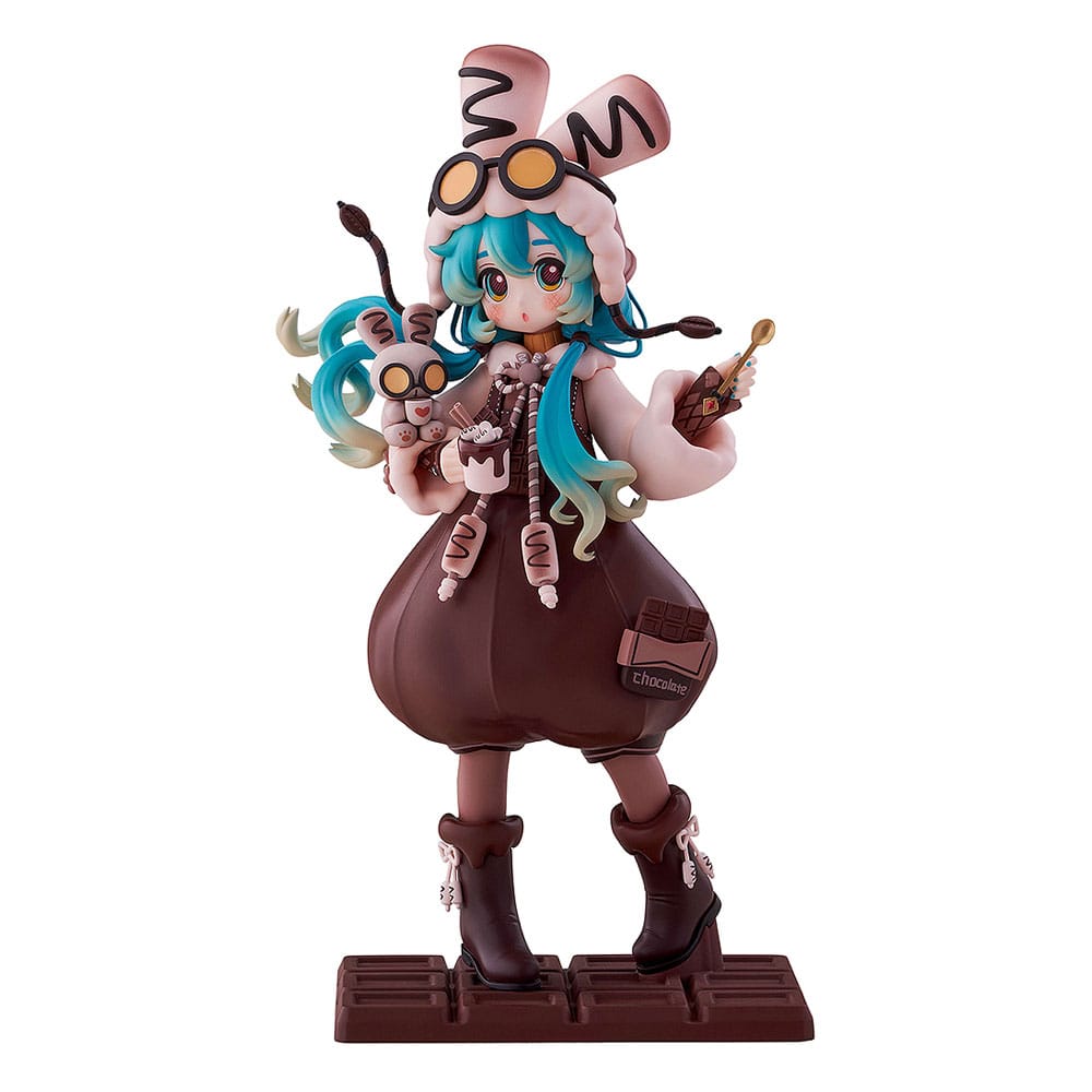 SEGA Figur von Hatsune Miku im Marshmallow-Hot-Cocoa-Outfit mit Kakaotasse auf Schokoladentafel-Base.