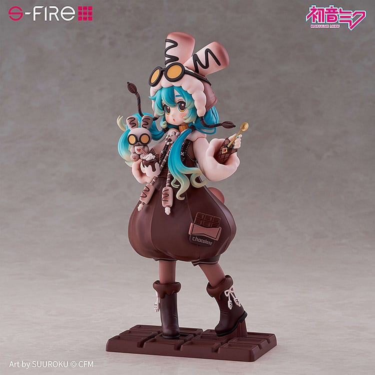 SEGA Figur von Hatsune Miku im Marshmallow-Hot-Cocoa-Outfit mit Kakaotasse auf Schokoladentafel-Base.