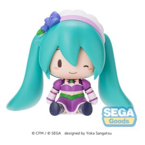 SEGA Fuwa Petit Chibi-Figur von Hatsune Miku im lila Love and Berry Outfit mit zwinkerndem Blick.