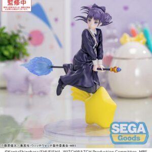 SEGA Luminasta Figur von Nemu Miyao aus WITCH WATCH reitend auf einem Besen mit blauer Spitze über einem gelben Stern.