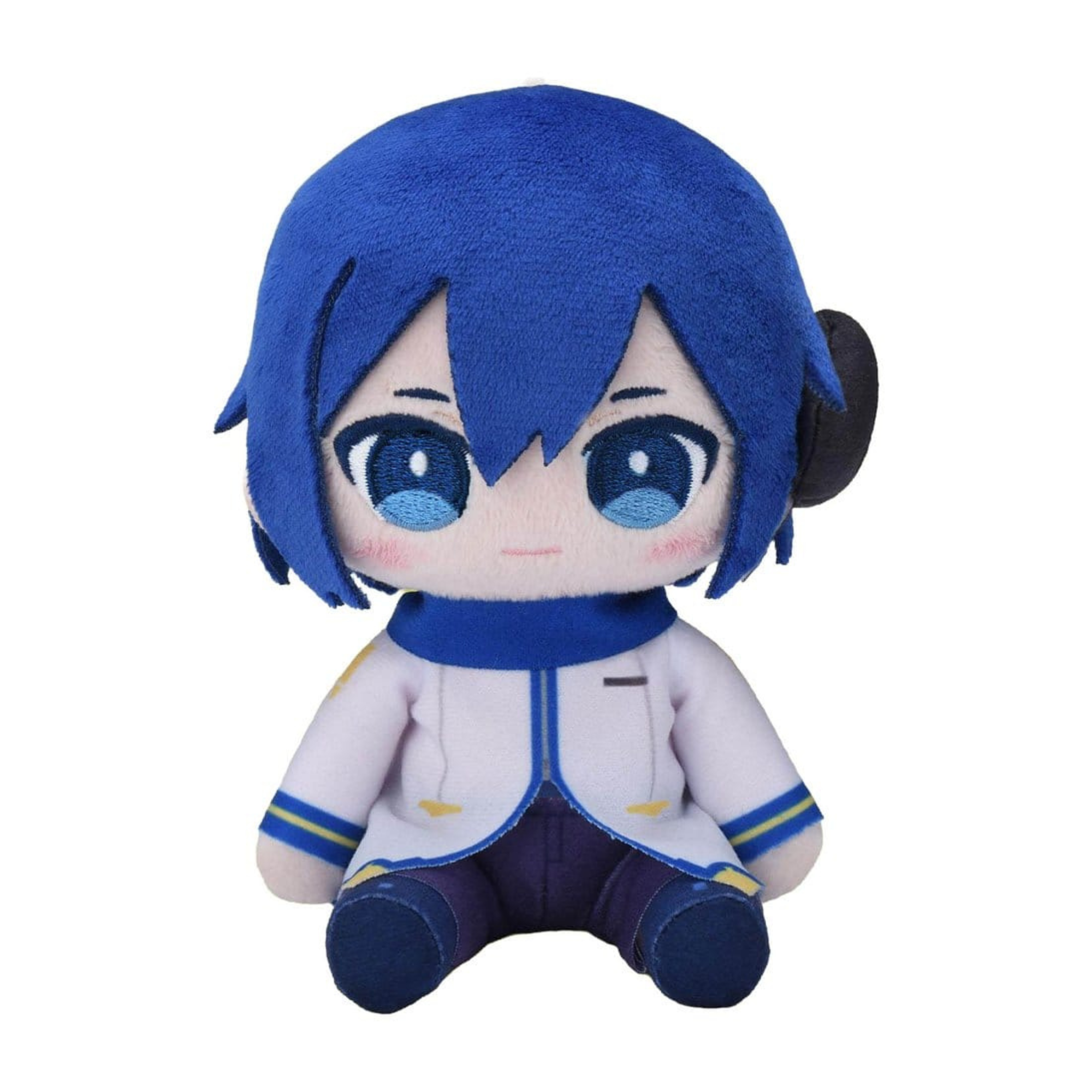 SEGA Vocaloid Mysekai Plüschfigur von Kaito mit blauen Haaren, blauem Schal und weiß-blauem Outfit in sitzender Chibi-Pose.