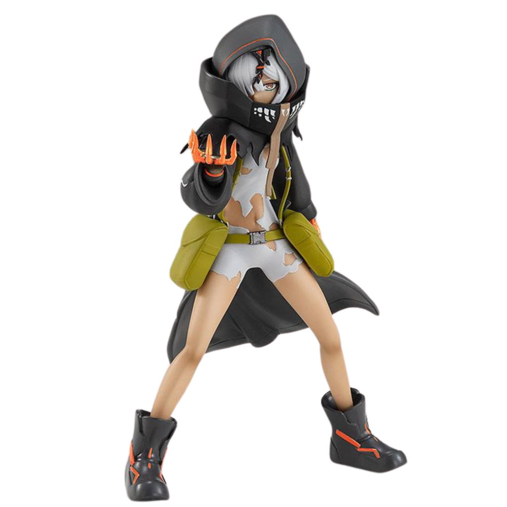 Good Smile Company Pop Up Parade Figur von Strength aus Black Rock Shooter Dawn Fall im schwarzen Kapuzenmantel mit orangen Akzenten.
