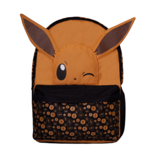 Pokémon Rucksack im braun-schwarzen Evoli-Design mit abstehenden Ohren und Pokéball-Muster auf der Fronttasche.