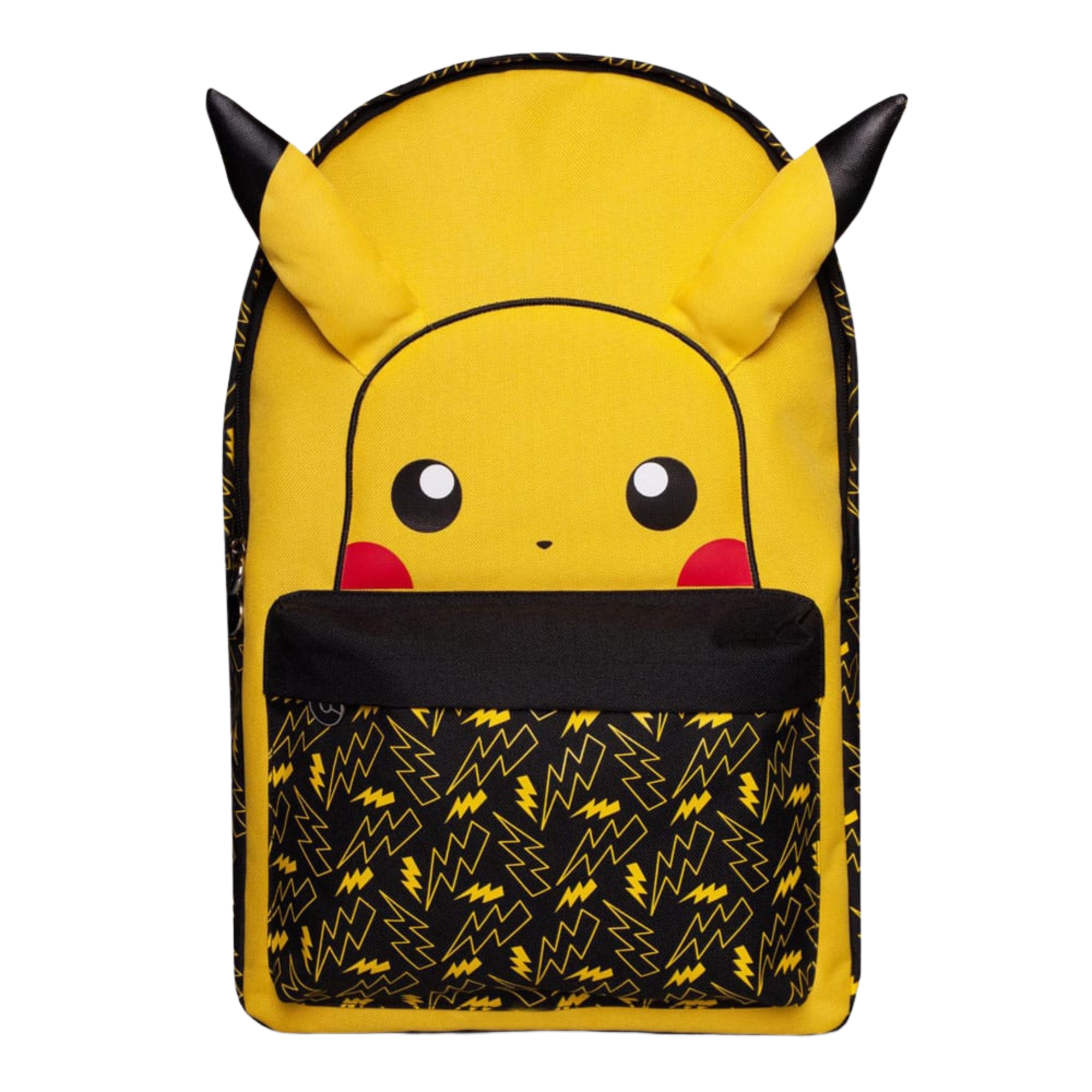 Pokémon Rucksack im gelb-schwarzen Pikachu-Design mit abstehenden 3D-Ohren und Blitz-Muster auf der Fronttasche.