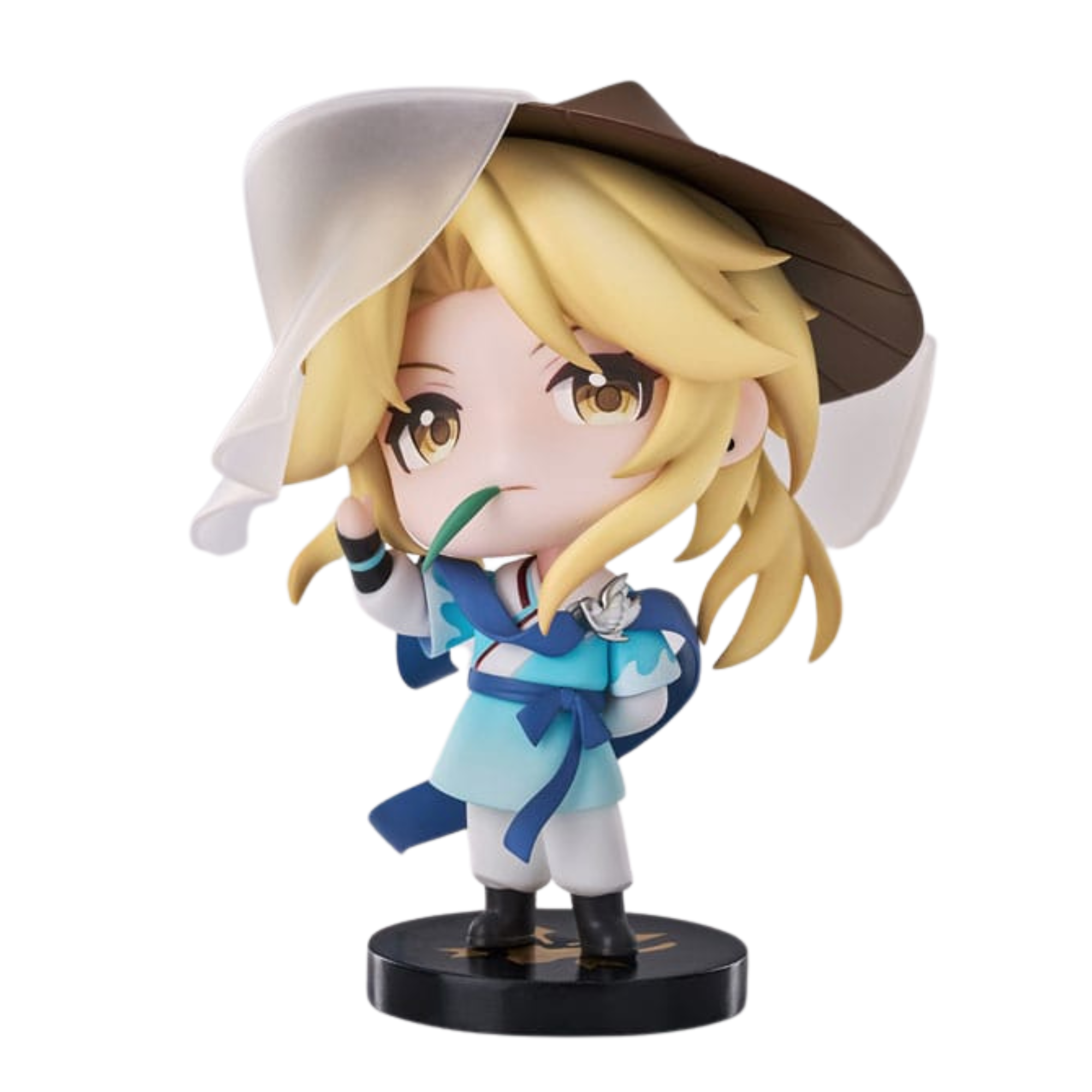 RIBOSE Honkai Star Rail Chibi-Figur von Yanqing im hellblauen Outfit mit Hut, Schleier und Grashalm im Mund.