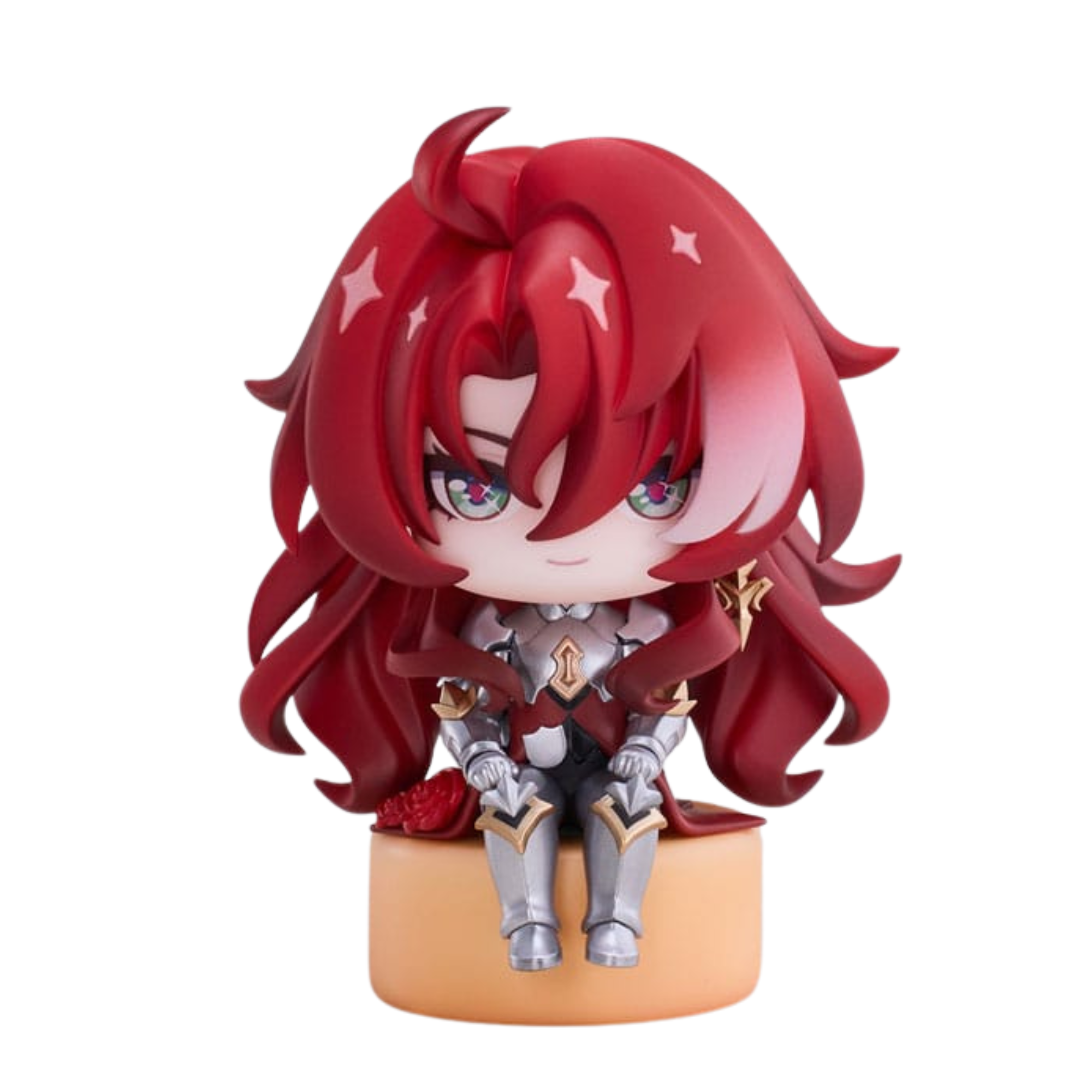 RIBOSE Honkai Star Rail Chibi Mini-Figur von Argenti mit langem rotem Haar und silberner Rüstung auf einem beigen Sockel.