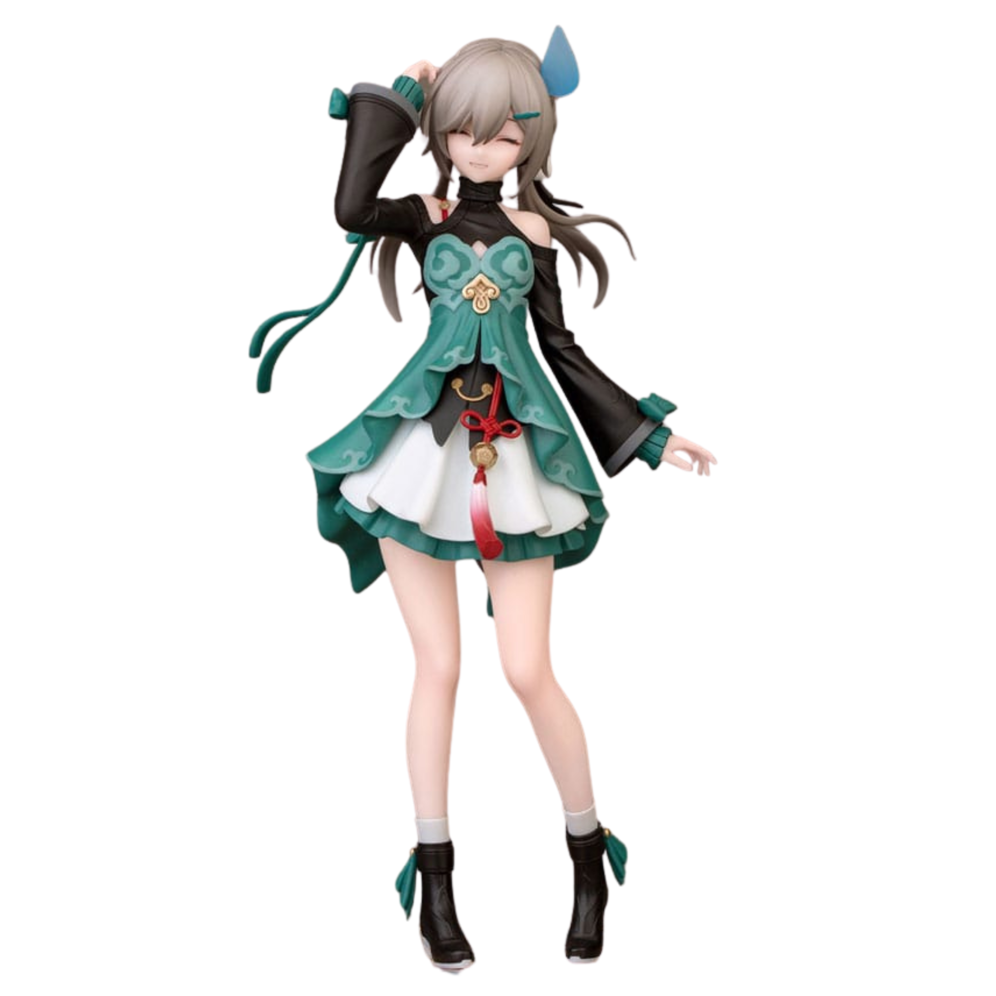 Honkai Star Rail Figur von Qingque im jade-grünen Outfit mit geschlossenen Augen und Schweißtropfen-Effekt auf dekorativer Sockelbasis.
