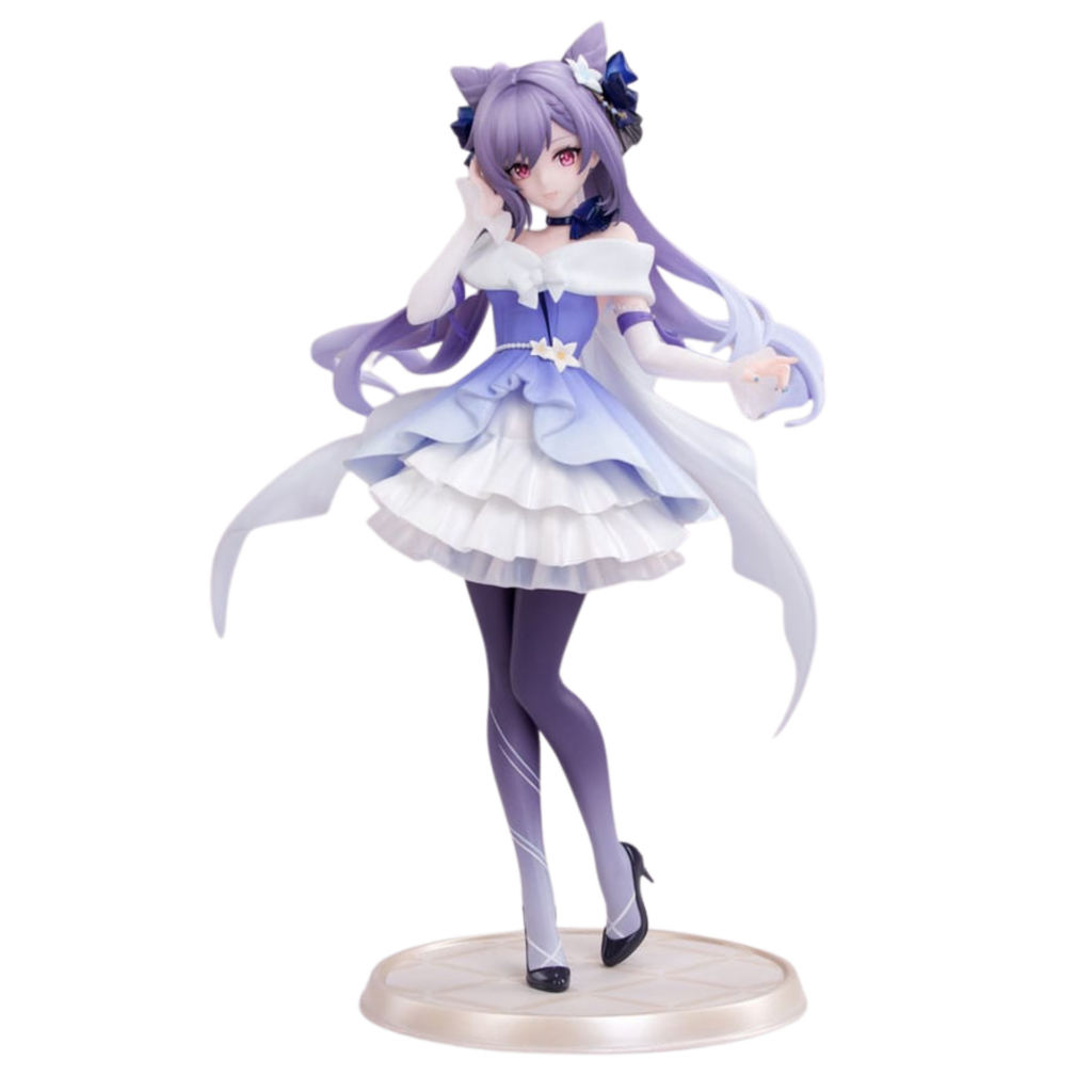 Genshin Impact Figur von Keqing im violett-weißen Opulent Splendor Abendkleid auf runder Standbasis.