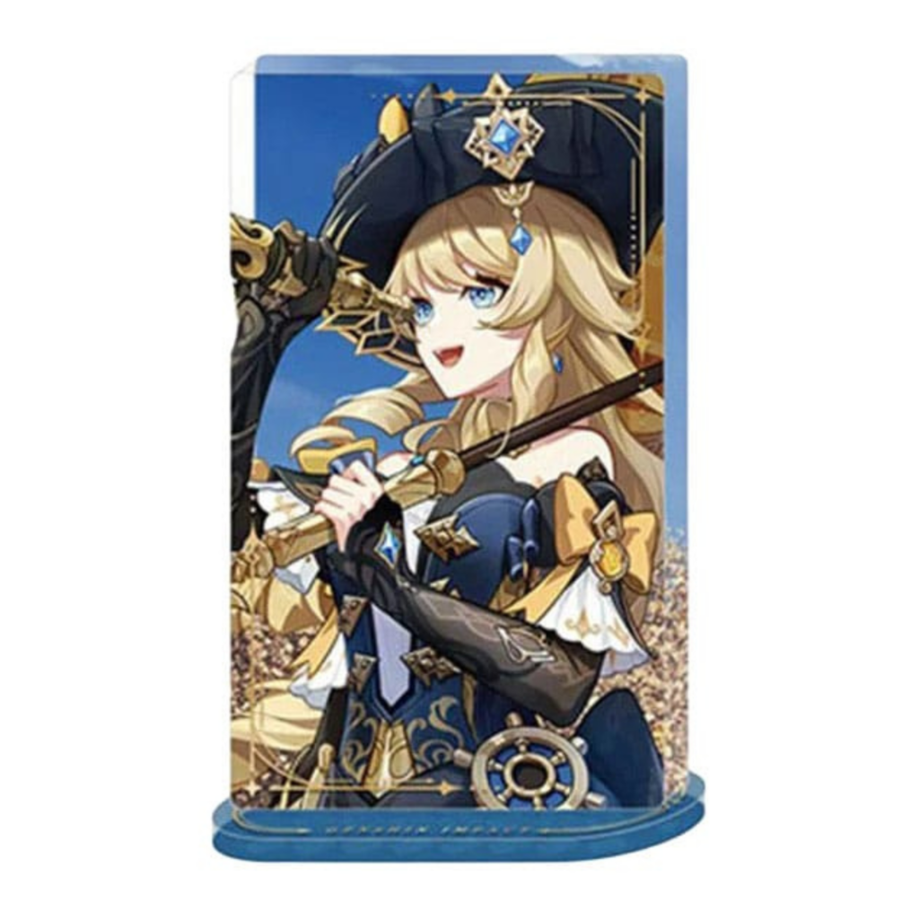 Genshin Impact Acryl-Ornament von Navia mit blauschwarzem Kleid, Hut und Sonnenschirm sowie Glitzereffekt auf blauem Acrylsockel.