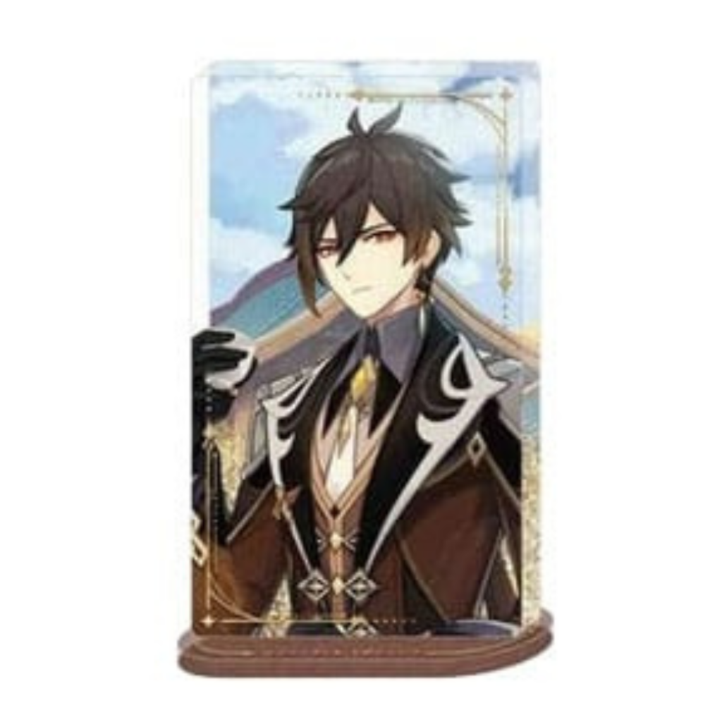 Genshin Impact Acryl-Ornament von Zhongli im braun-goldenen Outfit vor Liyue-Hintergrund mit Glitzereffekt auf braunem Acrylsockel.