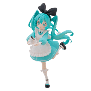 FuRyu Hatsune Miku Figur in Wonderland Version im blau-weißen Alice-Kostüm mit Teetasse und großer schwarzer Schleife.